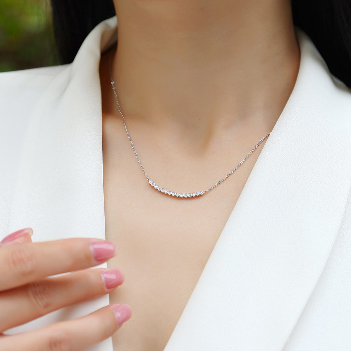 Moissanite collarbone chains in wedding dresses and evening gowns