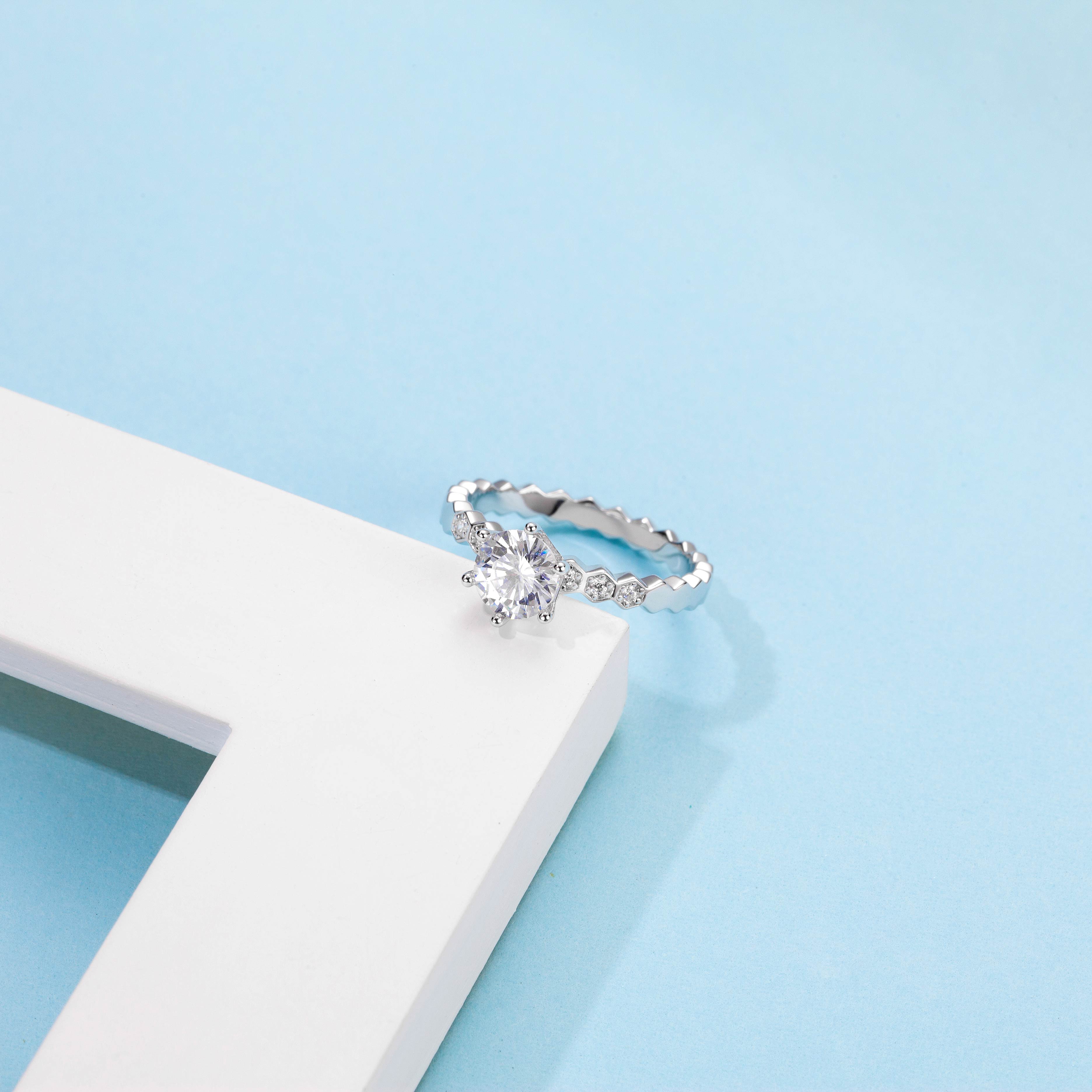 [The Honeycomb] Straight Arm Micro-paved 1 carat D Color Moissanite Ring in Sterling Silver