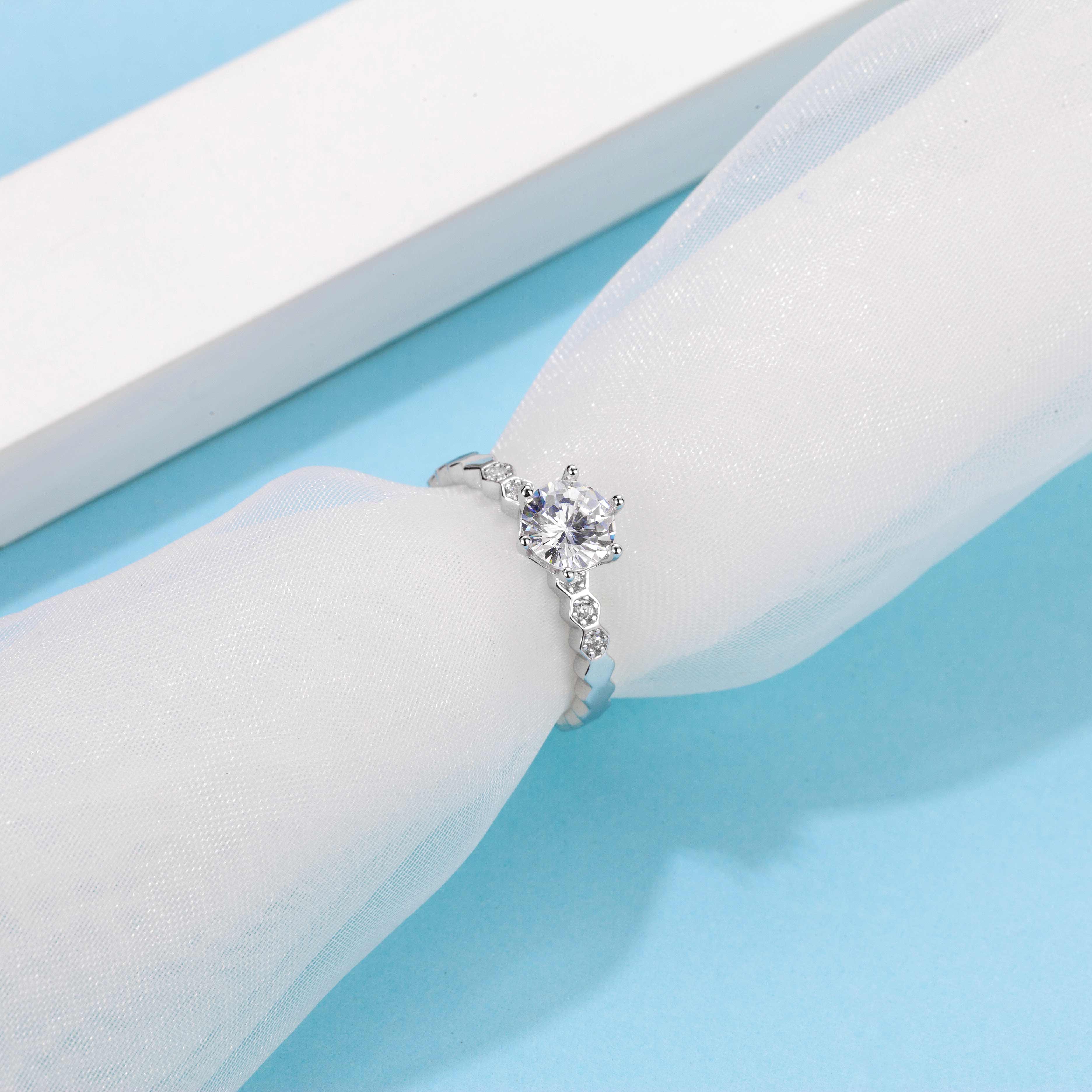 [The Honeycomb] Straight Arm Micro-paved 1 carat D Color Moissanite Ring in Sterling Silver