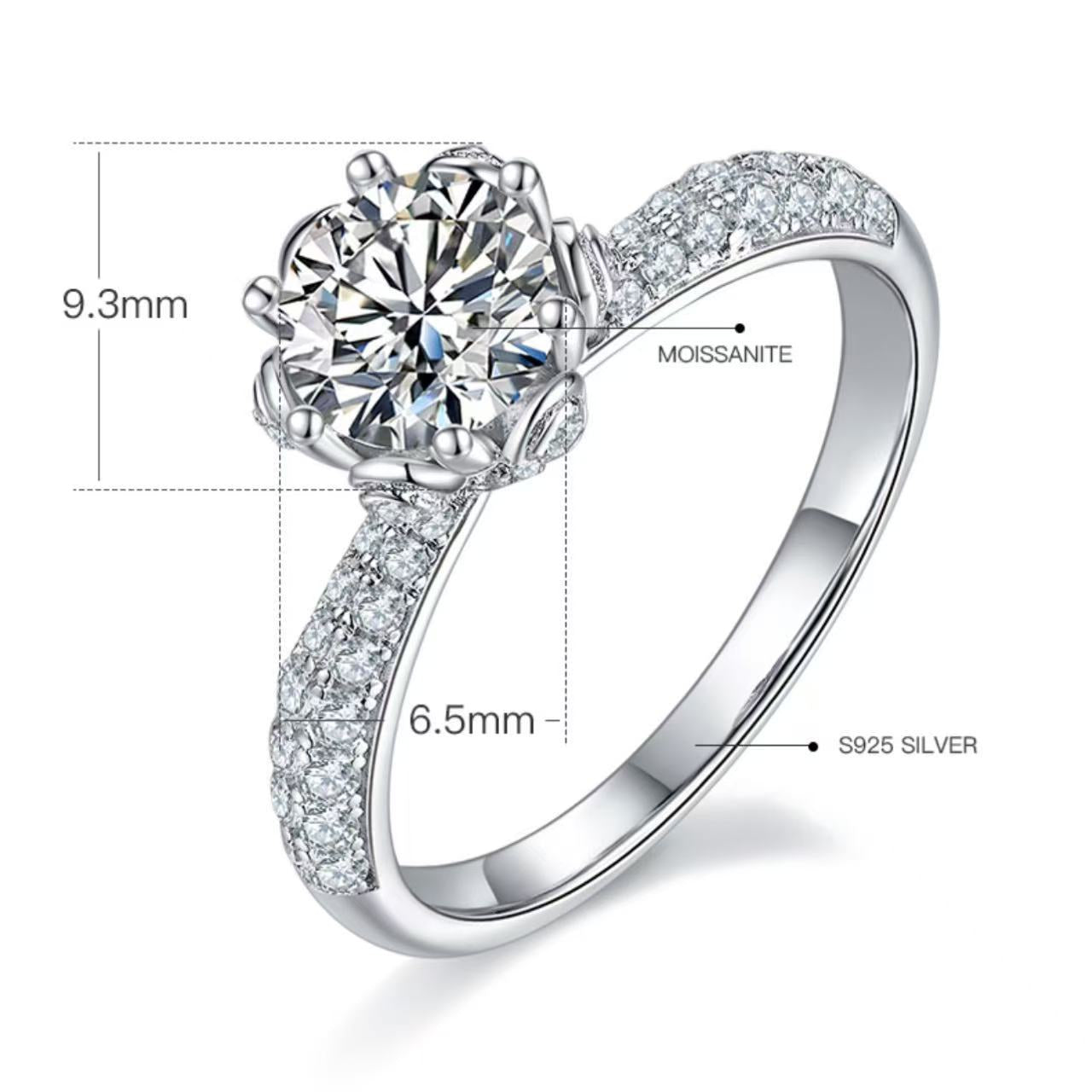 [Flower Beauty] Straight Arm Luxurious setting 1 carat D Color Moissanite Ring in Sterling Silver