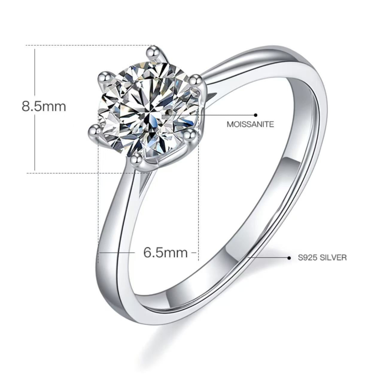 [Sweetness] Straight Arm Six Claws 1 carat D Color Moissanite Ring in Sterling Silver