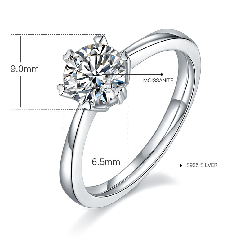 [The Classic Six Claws] Straight Arm 1 carat D Color Moissanite Ring in Sterling Silver