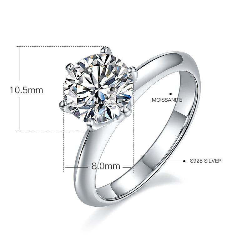 [The Classic Six Claws] Straight Arm 2 carat D Color Moissanite Ring in Sterling Silver