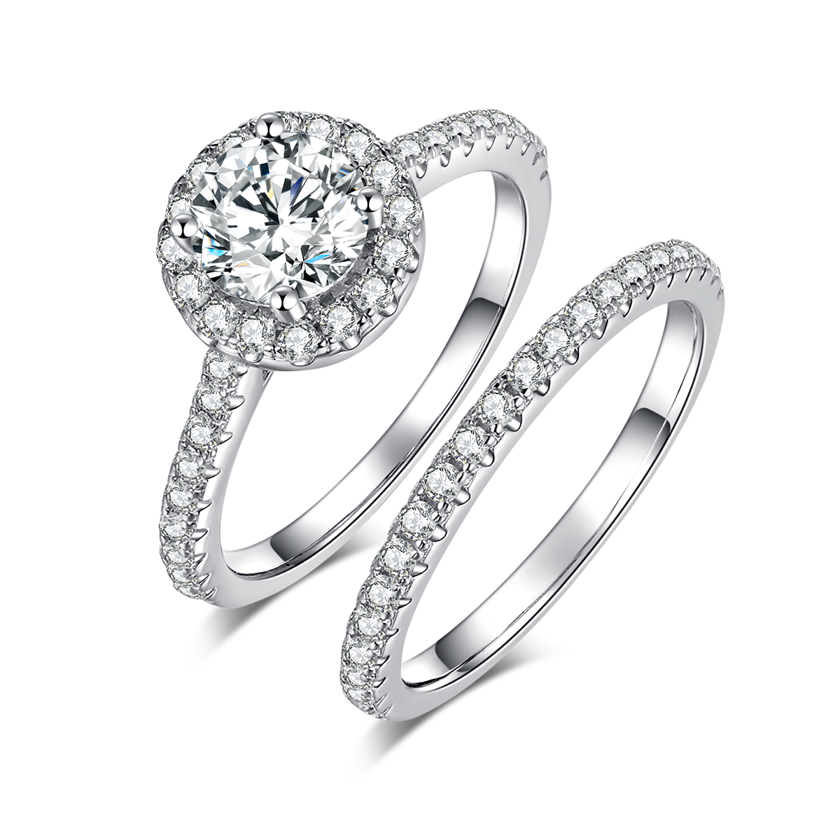Round 1 carat Lab-Grown Diamond Ring in 18K White Gold main and side stackable ring set