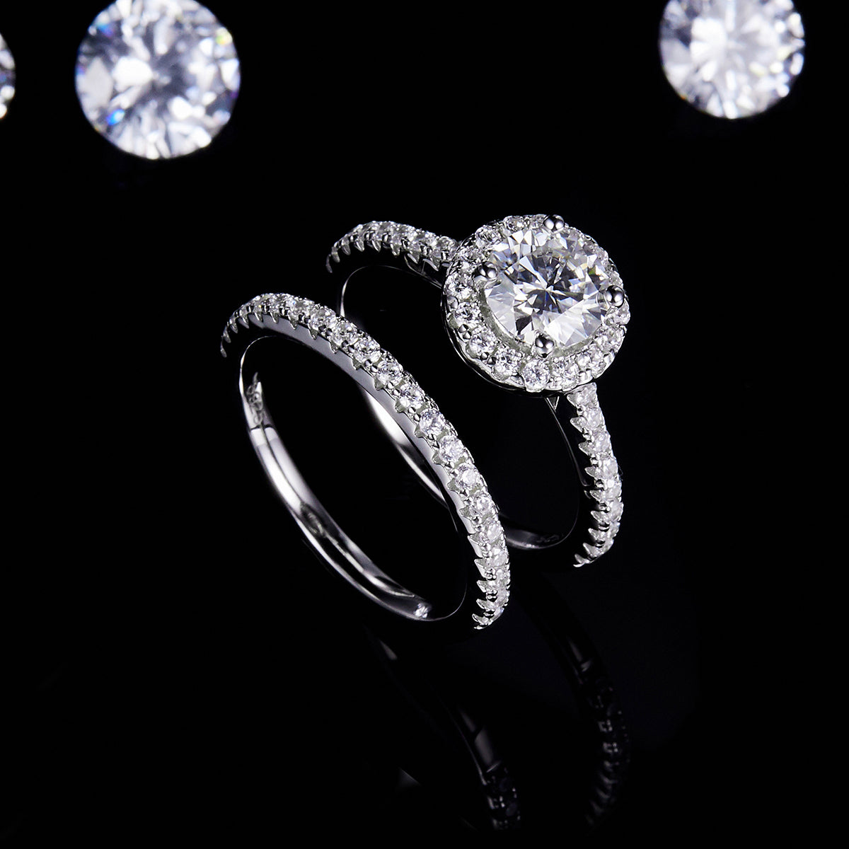 Round 1 carat Lab-Grown Diamond Ring in 18K White Gold main and side stackable ring set