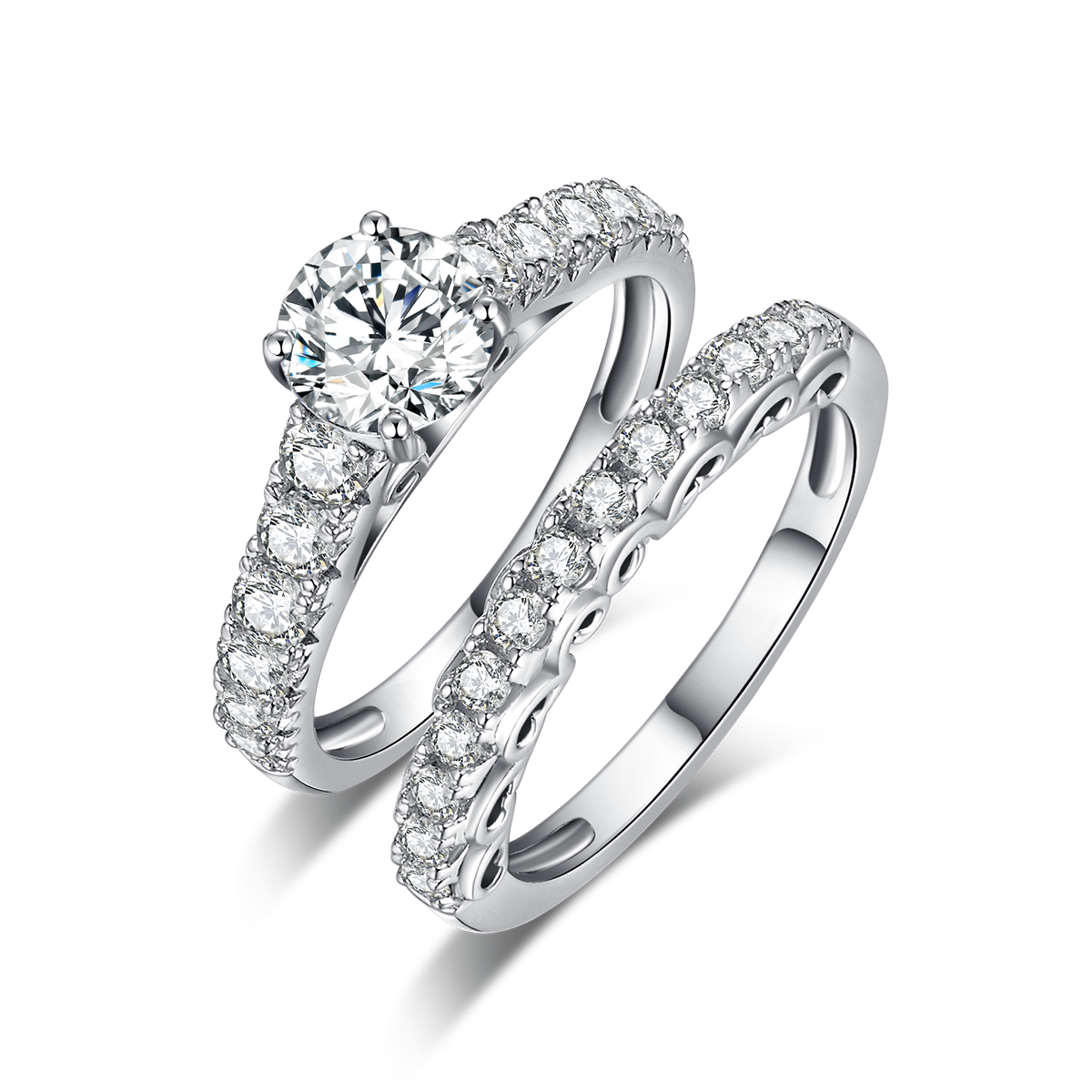 Four Claws 1 carat Lab-Grown Diamond Ring in 18K White Gold main and side stackable ring set