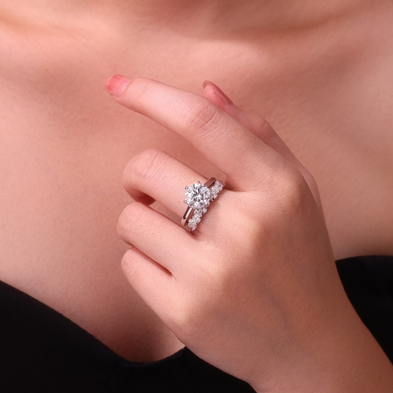 [Round Brilliant] Straight Arm Stackable ring set 3 carat Moissanite Ring in Sterling Silver
