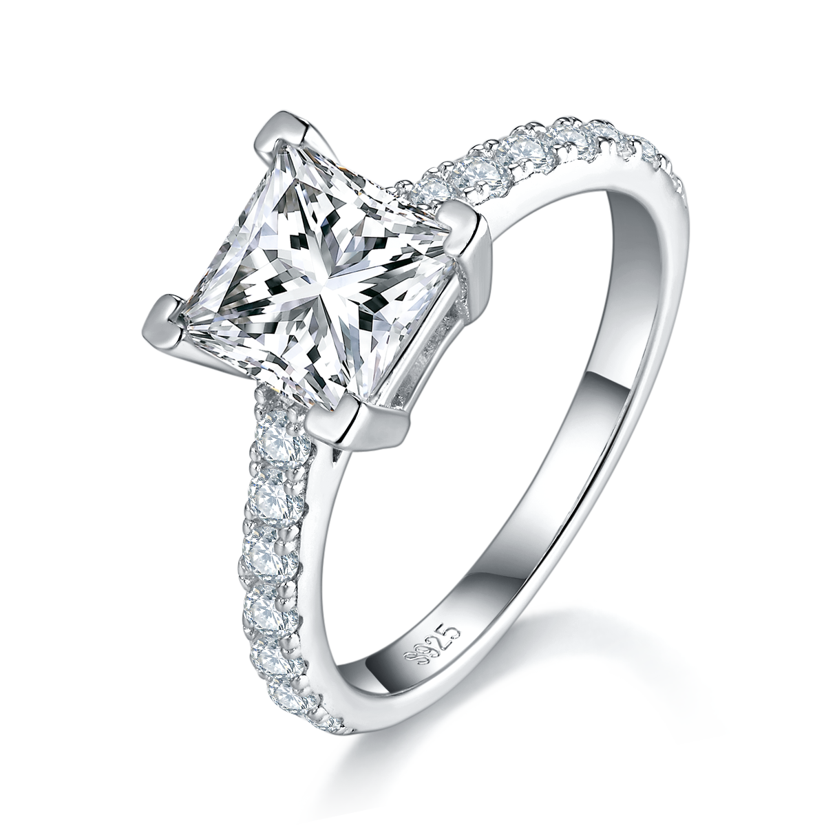 [Princess] Straight Arm Micro-paved 2 carat D Color Moissanite Ring in Sterling Silver